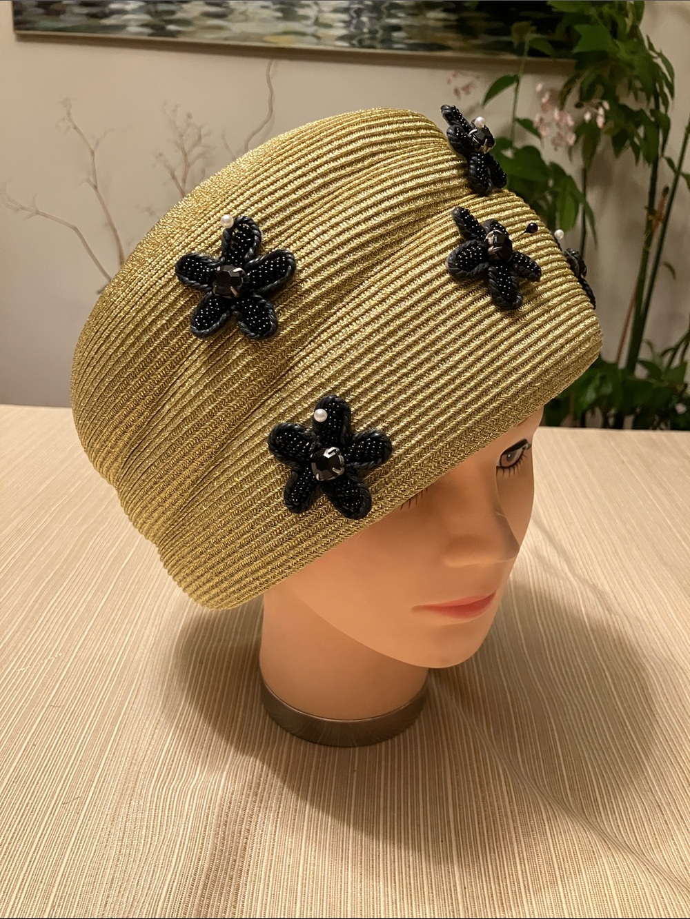 Chic Metallic Straw Cloche Hat with Black Beaded Flower Accents - Picture 3 of 5
